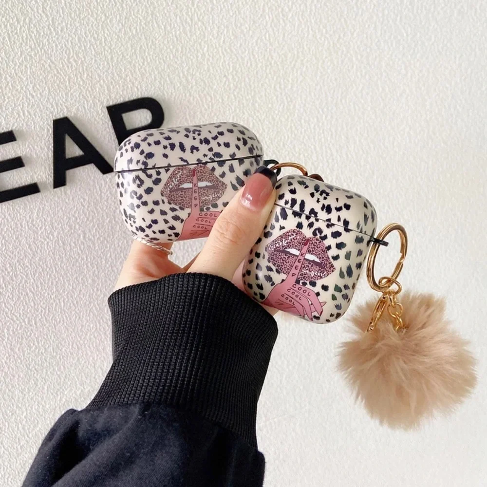 Cute Leopard Lip Fur Ball Keychain Earphone Case for‎ Apple Airpods